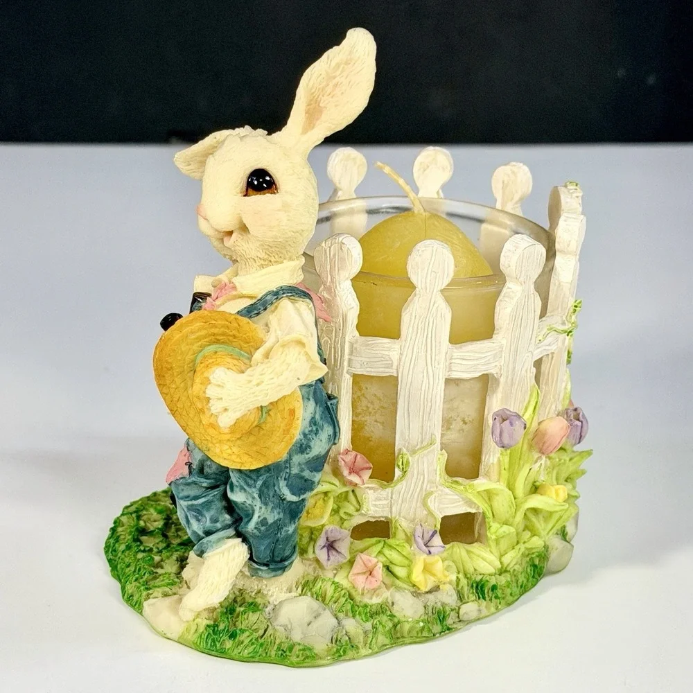 VTG Bunny Rabbit Easter‎ Garden Candle Holder Picket Fence Flowers Spring 4 1/2